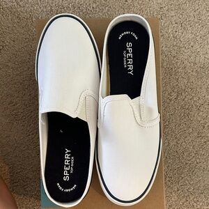 Sperry White Canvas Slip-On Sneakers with Navy Trim